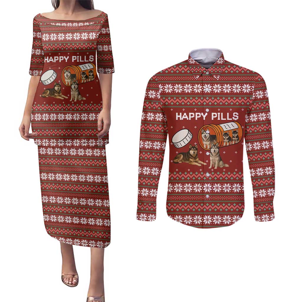 Merry Christmas Siberian Husky Dog Happy Pills Couples Matching Puletasi and Long Sleeve Button Shirt Husky Dogs in Pill Bottle and Red Snowflake - Wonder Print Shop