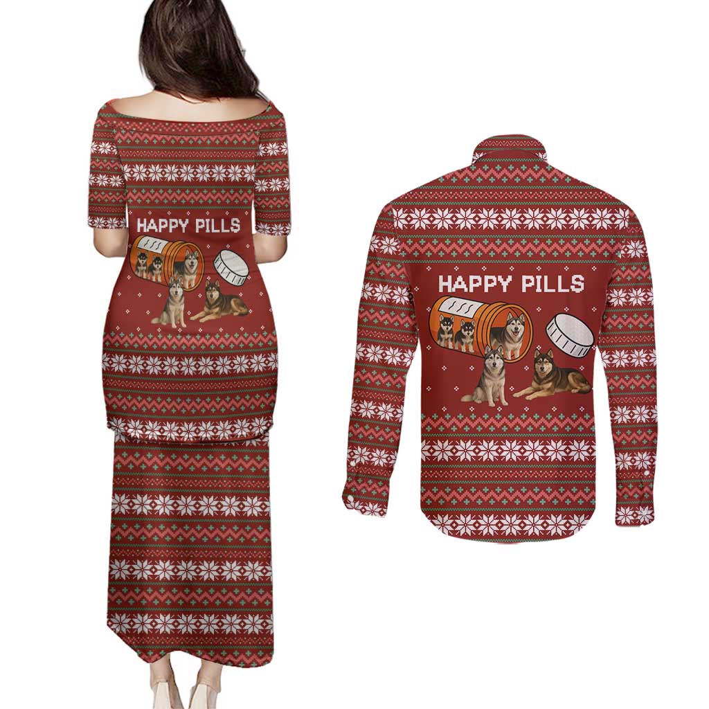 Merry Christmas Siberian Husky Dog Happy Pills Couples Matching Puletasi and Long Sleeve Button Shirt Husky Dogs in Pill Bottle and Red Snowflake - Wonder Print Shop