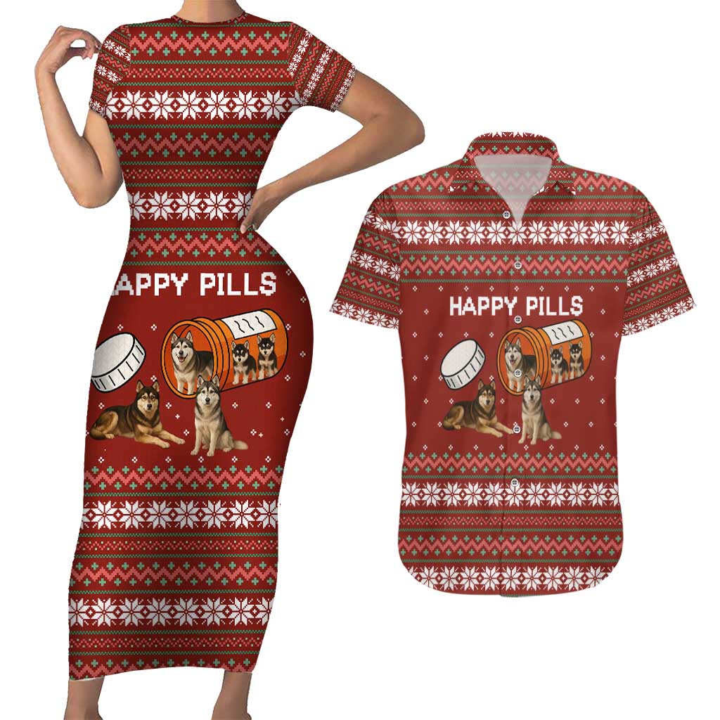 Merry Christmas Siberian Husky Dog Happy Pills Couples Matching Short Sleeve Bodycon Dress and Hawaiian Shirt Husky Dogs in Pill Bottle and Red Snowflake - Wonder Print Shop