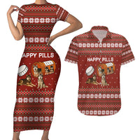 Merry Christmas Siberian Husky Dog Happy Pills Couples Matching Short Sleeve Bodycon Dress and Hawaiian Shirt Husky Dogs in Pill Bottle and Red Snowflake - Wonder Print Shop