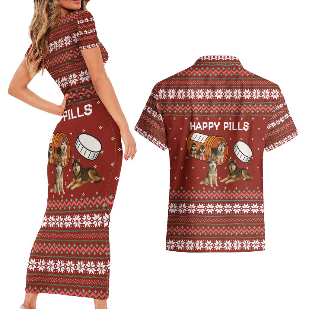 Merry Christmas Siberian Husky Dog Happy Pills Couples Matching Short Sleeve Bodycon Dress and Hawaiian Shirt Husky Dogs in Pill Bottle and Red Snowflake - Wonder Print Shop