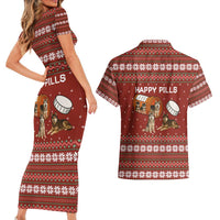 Merry Christmas Siberian Husky Dog Happy Pills Couples Matching Short Sleeve Bodycon Dress and Hawaiian Shirt Husky Dogs in Pill Bottle and Red Snowflake - Wonder Print Shop