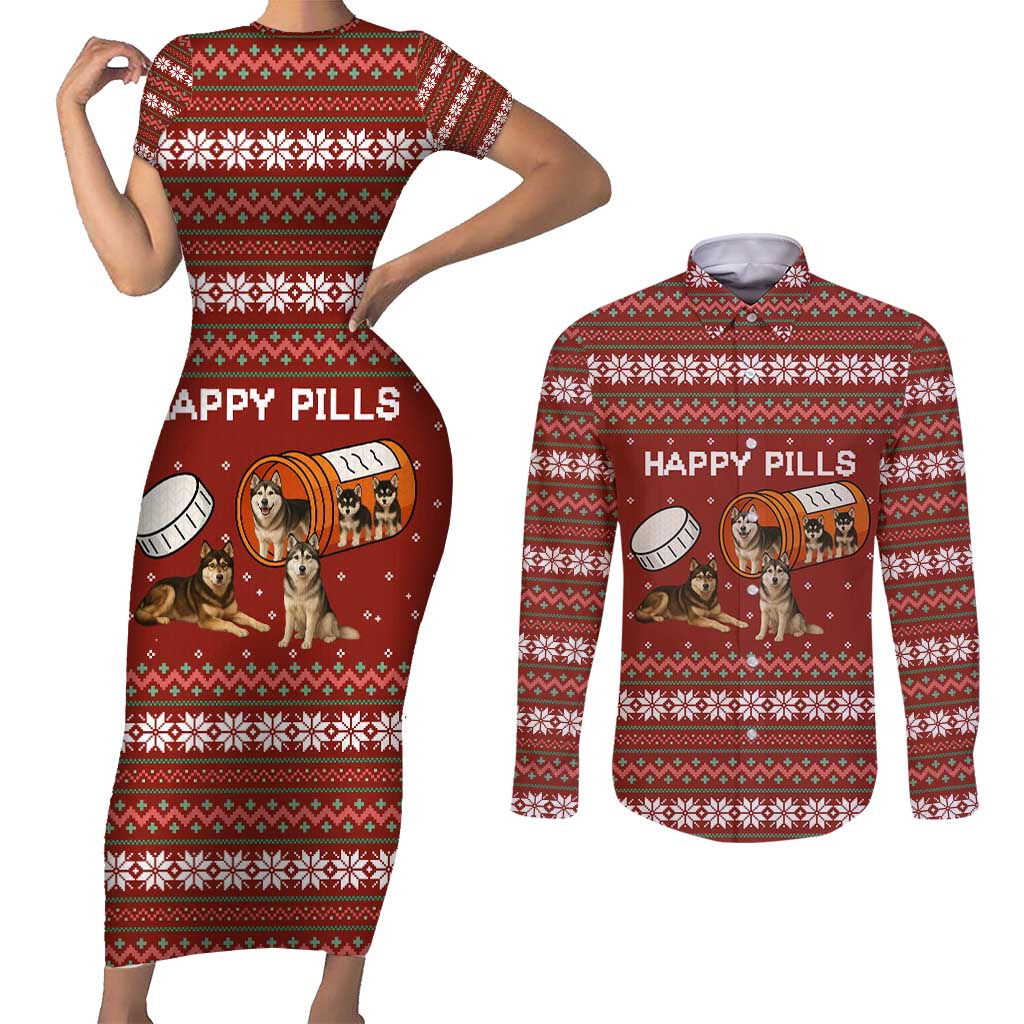 Merry Christmas Siberian Husky Dog Happy Pills Couples Matching Short Sleeve Bodycon Dress and Long Sleeve Button Shirt Husky Dogs in Pill Bottle and Red Snowflake - Wonder Print Shop