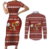 Merry Christmas Siberian Husky Dog Happy Pills Couples Matching Short Sleeve Bodycon Dress and Long Sleeve Button Shirt Husky Dogs in Pill Bottle and Red Snowflake - Wonder Print Shop