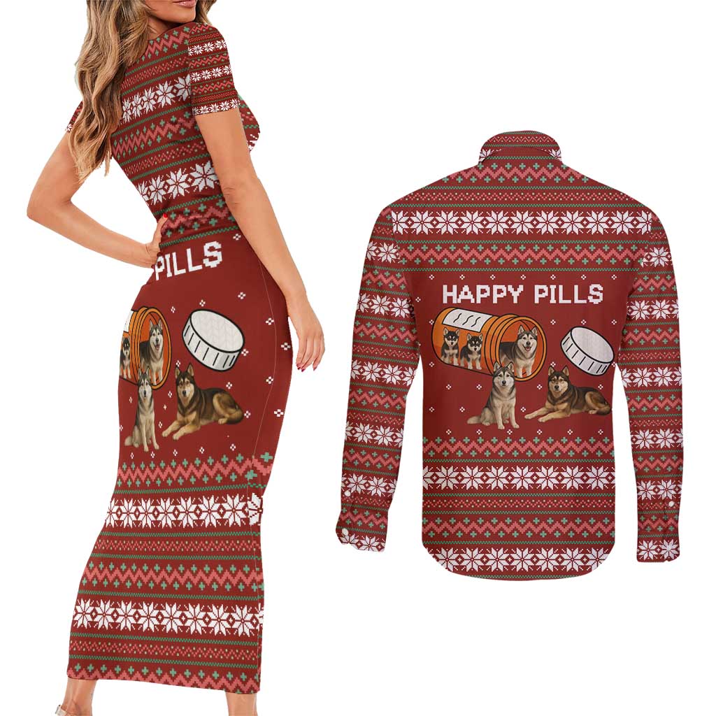 Merry Christmas Siberian Husky Dog Happy Pills Couples Matching Short Sleeve Bodycon Dress and Long Sleeve Button Shirt Husky Dogs in Pill Bottle and Red Snowflake - Wonder Print Shop