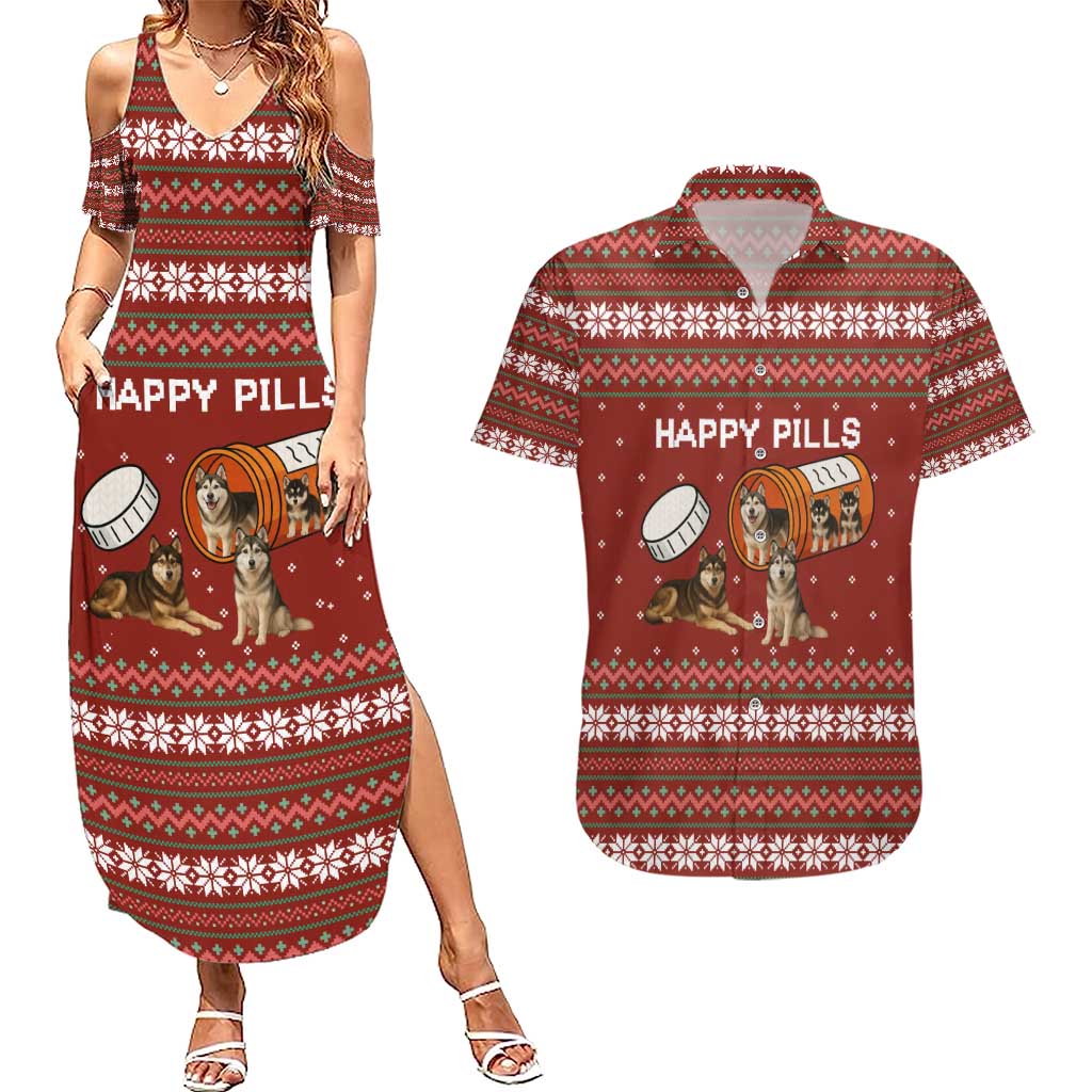 Merry Christmas Siberian Husky Dog Happy Pills Couples Matching Summer Maxi Dress and Hawaiian Shirt Husky Dogs in Pill Bottle and Red Snowflake - Wonder Print Shop