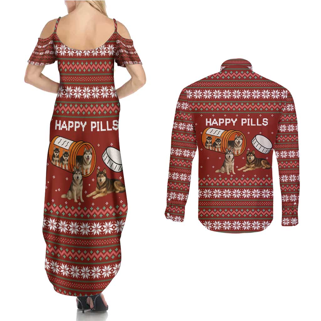 Merry Christmas Siberian Husky Dog Happy Pills Couples Matching Summer Maxi Dress and Long Sleeve Button Shirt Husky Dogs in Pill Bottle and Red Snowflake - Wonder Print Shop