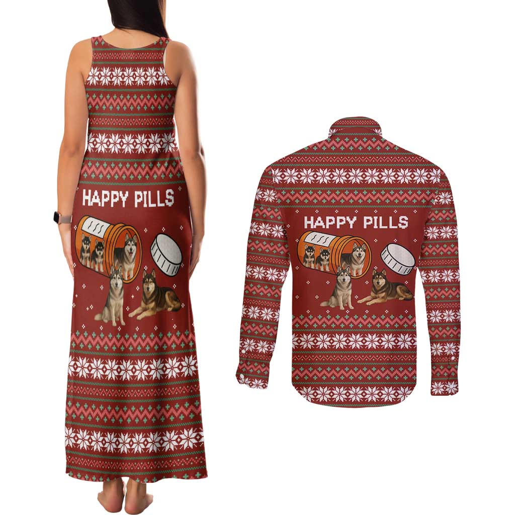 Merry Christmas Siberian Husky Dog Happy Pills Couples Matching Tank Maxi Dress and Long Sleeve Button Shirt Husky Dogs in Pill Bottle and Red Snowflake - Wonder Print Shop