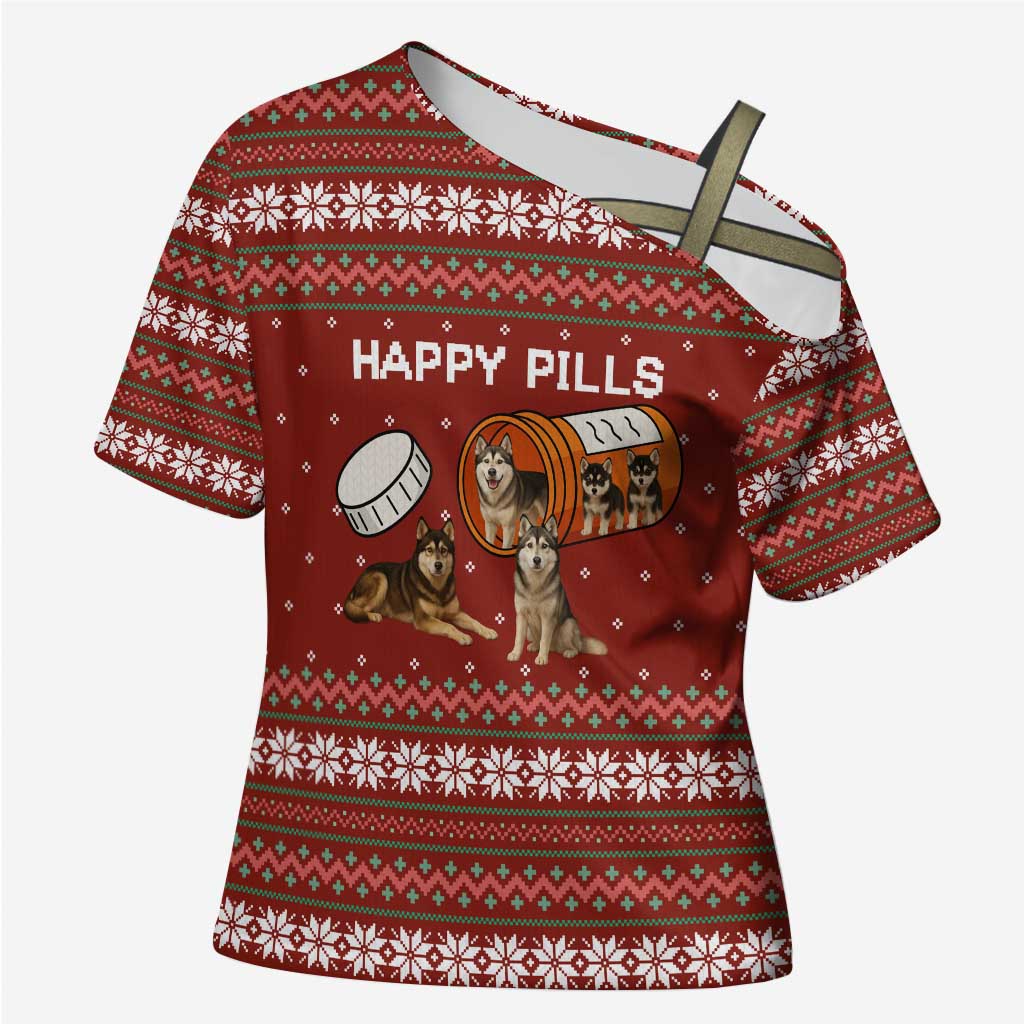 Merry Christmas Siberian Husky Dog Happy Pills Cross Shoulder Shirt Husky Dogs in Pill Bottle and Red Snowflake - Wonder Print Shop