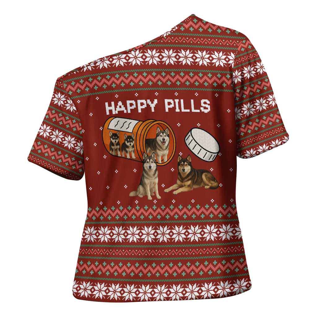 Merry Christmas Siberian Husky Dog Happy Pills Cross Shoulder Shirt Husky Dogs in Pill Bottle and Red Snowflake - Wonder Print Shop