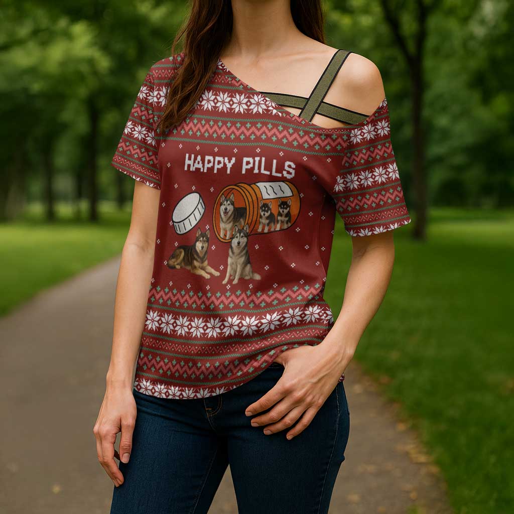 Merry Christmas Siberian Husky Dog Happy Pills Cross Shoulder Shirt Husky Dogs in Pill Bottle and Red Snowflake - Wonder Print Shop