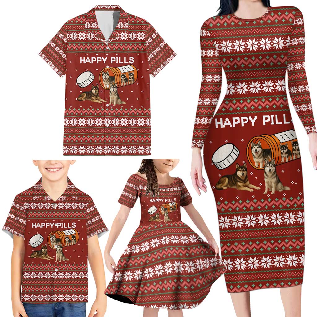 Merry Christmas Siberian Husky Dog Happy Pills Family Matching Long Sleeve Bodycon Dress and Hawaiian Shirt Husky Dogs in Pill Bottle and Red Snowflake - Wonder Print Shop