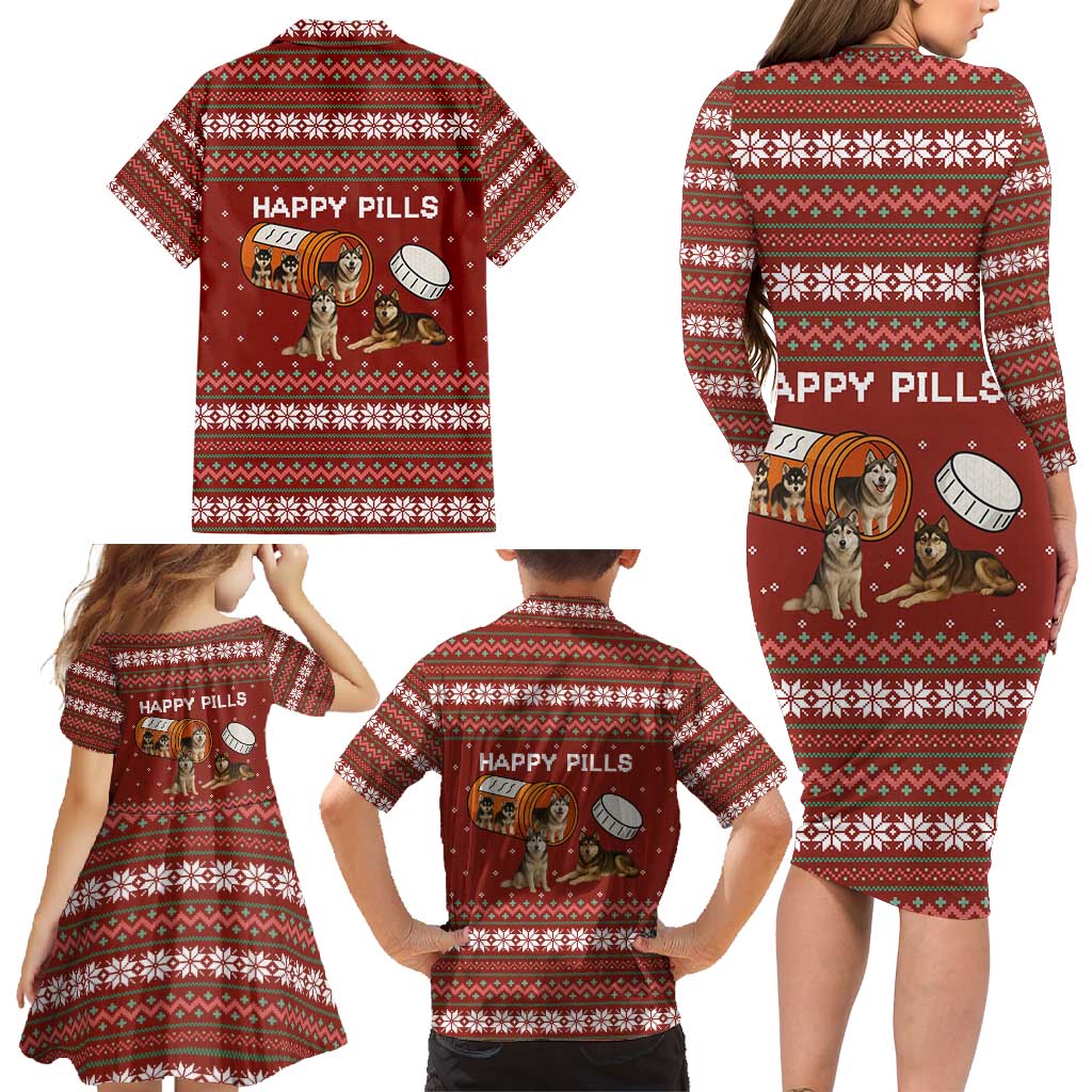 Merry Christmas Siberian Husky Dog Happy Pills Family Matching Long Sleeve Bodycon Dress and Hawaiian Shirt Husky Dogs in Pill Bottle and Red Snowflake - Wonder Print Shop