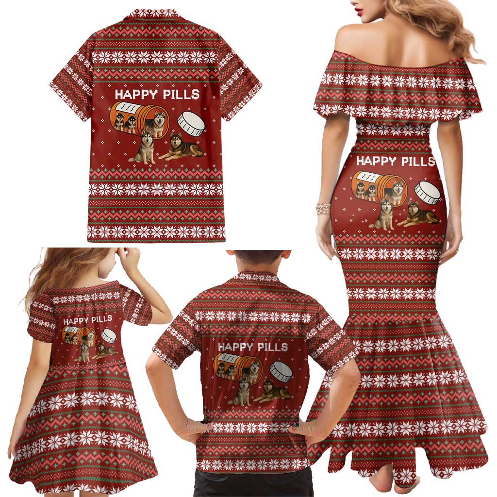 Merry Christmas Siberian Husky Dog Happy Pills Family Matching Mermaid Dress and Hawaiian Shirt Husky Dogs in Pill Bottle and Red Snowflake - Wonder Print Shop