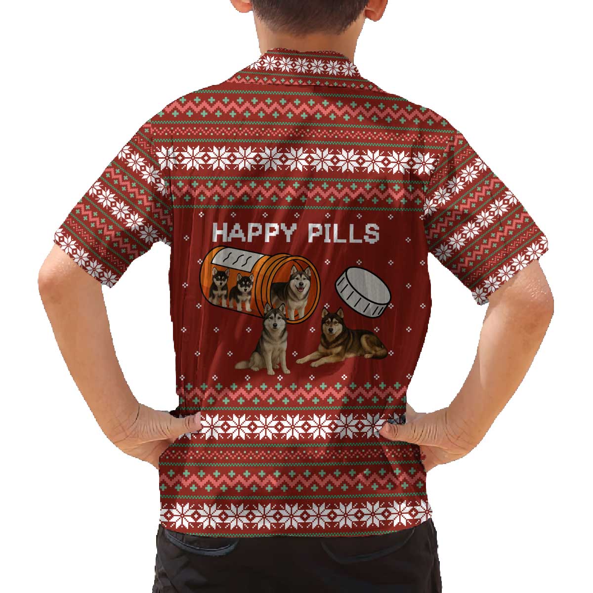 Merry Christmas Siberian Husky Dog Happy Pills Family Matching Off The Shoulder Long Sleeve Dress and Hawaiian Shirt Husky Dogs in Pill Bottle and Red Snowflake - Wonder Print Shop