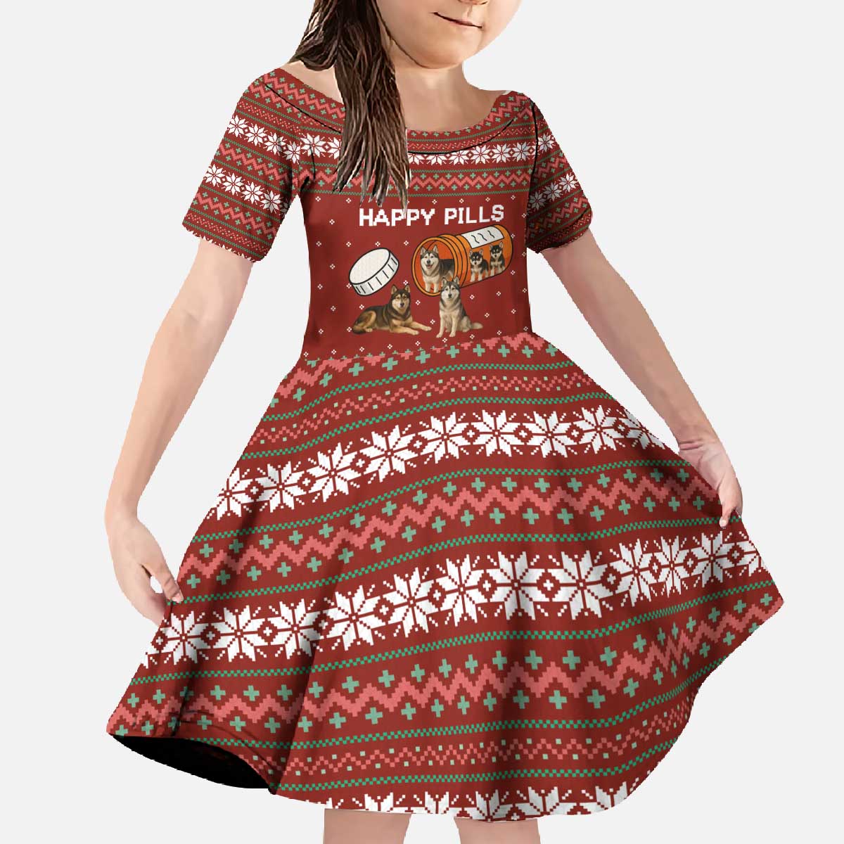 Merry Christmas Siberian Husky Dog Happy Pills Family Matching Off The Shoulder Long Sleeve Dress and Hawaiian Shirt Husky Dogs in Pill Bottle and Red Snowflake - Wonder Print Shop
