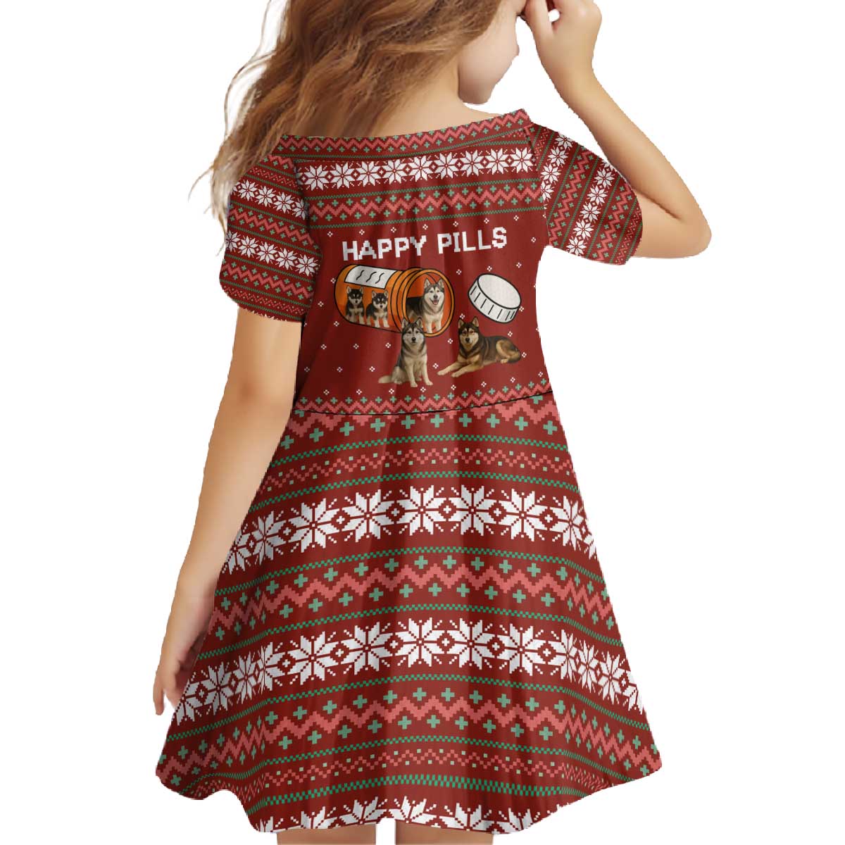 Merry Christmas Siberian Husky Dog Happy Pills Family Matching Off The Shoulder Long Sleeve Dress and Hawaiian Shirt Husky Dogs in Pill Bottle and Red Snowflake - Wonder Print Shop