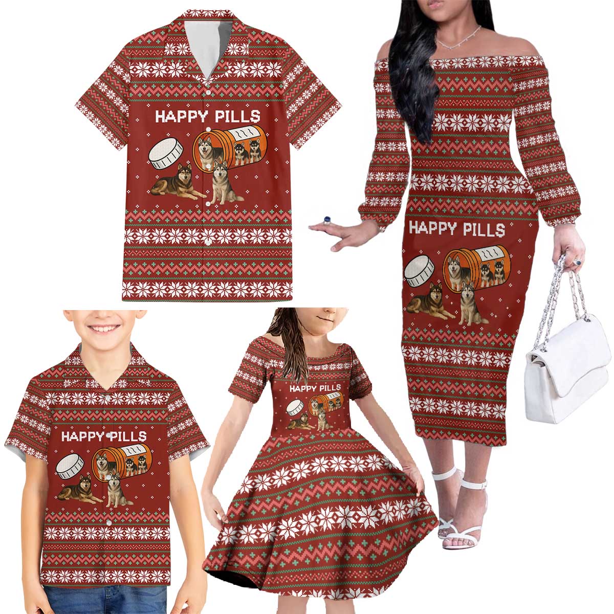 Merry Christmas Siberian Husky Dog Happy Pills Family Matching Off The Shoulder Long Sleeve Dress and Hawaiian Shirt Husky Dogs in Pill Bottle and Red Snowflake - Wonder Print Shop