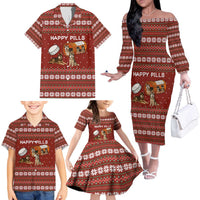 Merry Christmas Siberian Husky Dog Happy Pills Family Matching Off The Shoulder Long Sleeve Dress and Hawaiian Shirt Husky Dogs in Pill Bottle and Red Snowflake - Wonder Print Shop