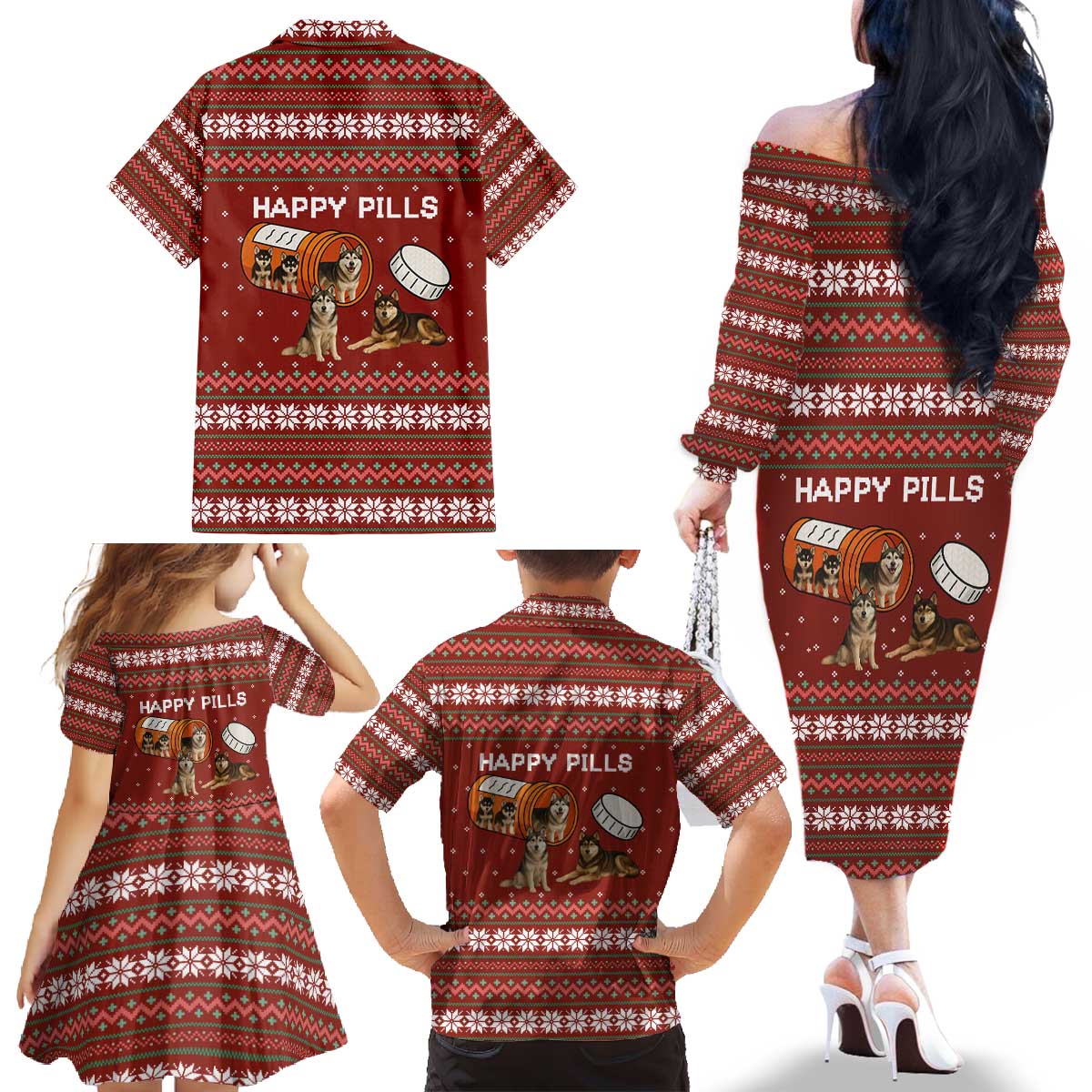 Merry Christmas Siberian Husky Dog Happy Pills Family Matching Off The Shoulder Long Sleeve Dress and Hawaiian Shirt Husky Dogs in Pill Bottle and Red Snowflake - Wonder Print Shop