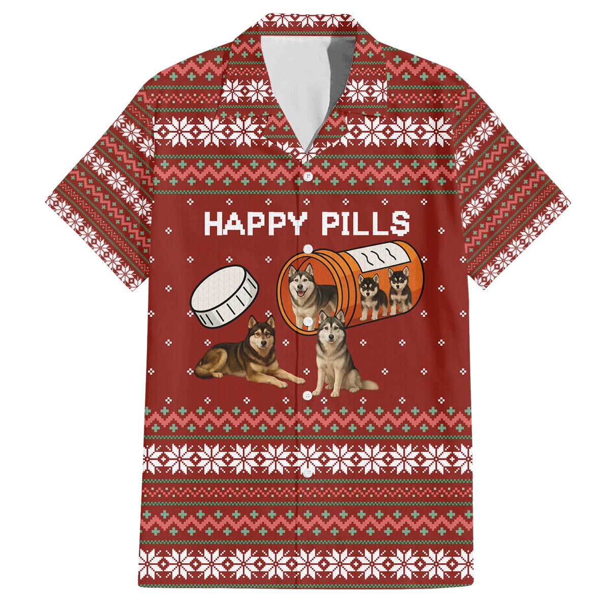 Merry Christmas Siberian Husky Dog Happy Pills Family Matching Off The Shoulder Long Sleeve Dress and Hawaiian Shirt Husky Dogs in Pill Bottle and Red Snowflake - Wonder Print Shop