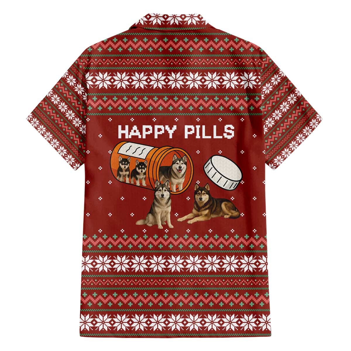 Merry Christmas Siberian Husky Dog Happy Pills Family Matching Off The Shoulder Long Sleeve Dress and Hawaiian Shirt Husky Dogs in Pill Bottle and Red Snowflake - Wonder Print Shop