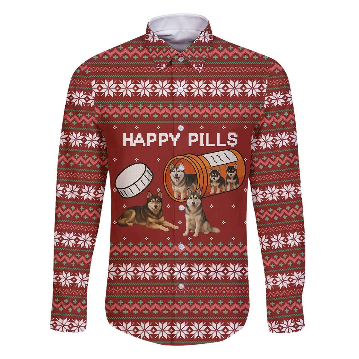 Merry Christmas Siberian Husky Dog Happy Pills Family Matching Off The Shoulder Long Sleeve Dress and Hawaiian Shirt Husky Dogs in Pill Bottle and Red Snowflake - Wonder Print Shop