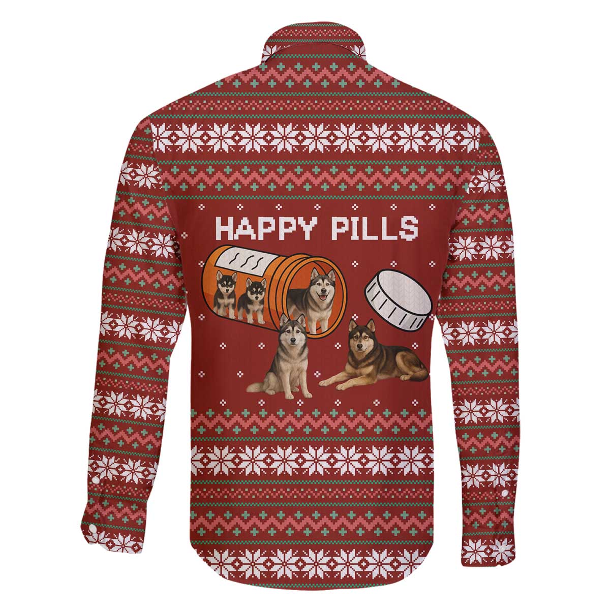 Merry Christmas Siberian Husky Dog Happy Pills Family Matching Off The Shoulder Long Sleeve Dress and Hawaiian Shirt Husky Dogs in Pill Bottle and Red Snowflake - Wonder Print Shop