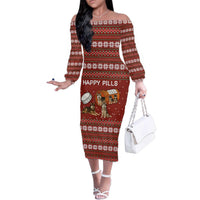 Merry Christmas Siberian Husky Dog Happy Pills Family Matching Off The Shoulder Long Sleeve Dress and Hawaiian Shirt Husky Dogs in Pill Bottle and Red Snowflake - Wonder Print Shop