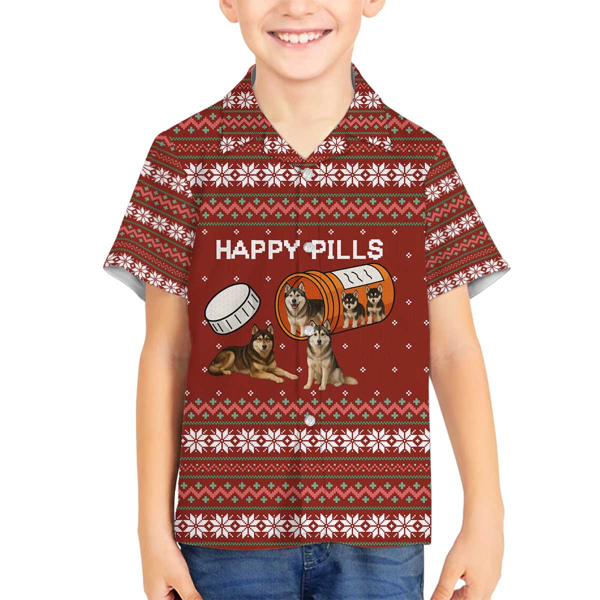 Merry Christmas Siberian Husky Dog Happy Pills Family Matching Off The Shoulder Long Sleeve Dress and Hawaiian Shirt Husky Dogs in Pill Bottle and Red Snowflake - Wonder Print Shop