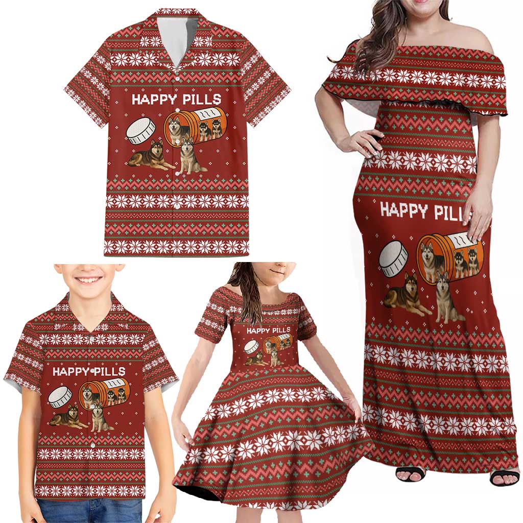 Merry Christmas Siberian Husky Dog Happy Pills Family Matching Off Shoulder Maxi Dress and Hawaiian Shirt Husky Dogs in Pill Bottle and Red Snowflake - Wonder Print Shop