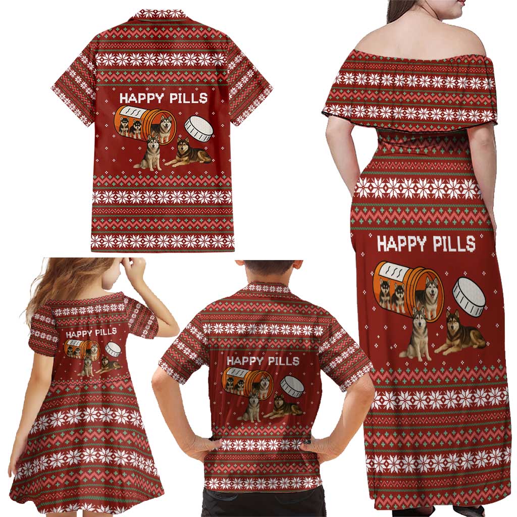 Merry Christmas Siberian Husky Dog Happy Pills Family Matching Off Shoulder Maxi Dress and Hawaiian Shirt Husky Dogs in Pill Bottle and Red Snowflake - Wonder Print Shop