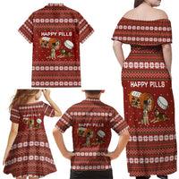 Merry Christmas Siberian Husky Dog Happy Pills Family Matching Off Shoulder Maxi Dress and Hawaiian Shirt Husky Dogs in Pill Bottle and Red Snowflake - Wonder Print Shop