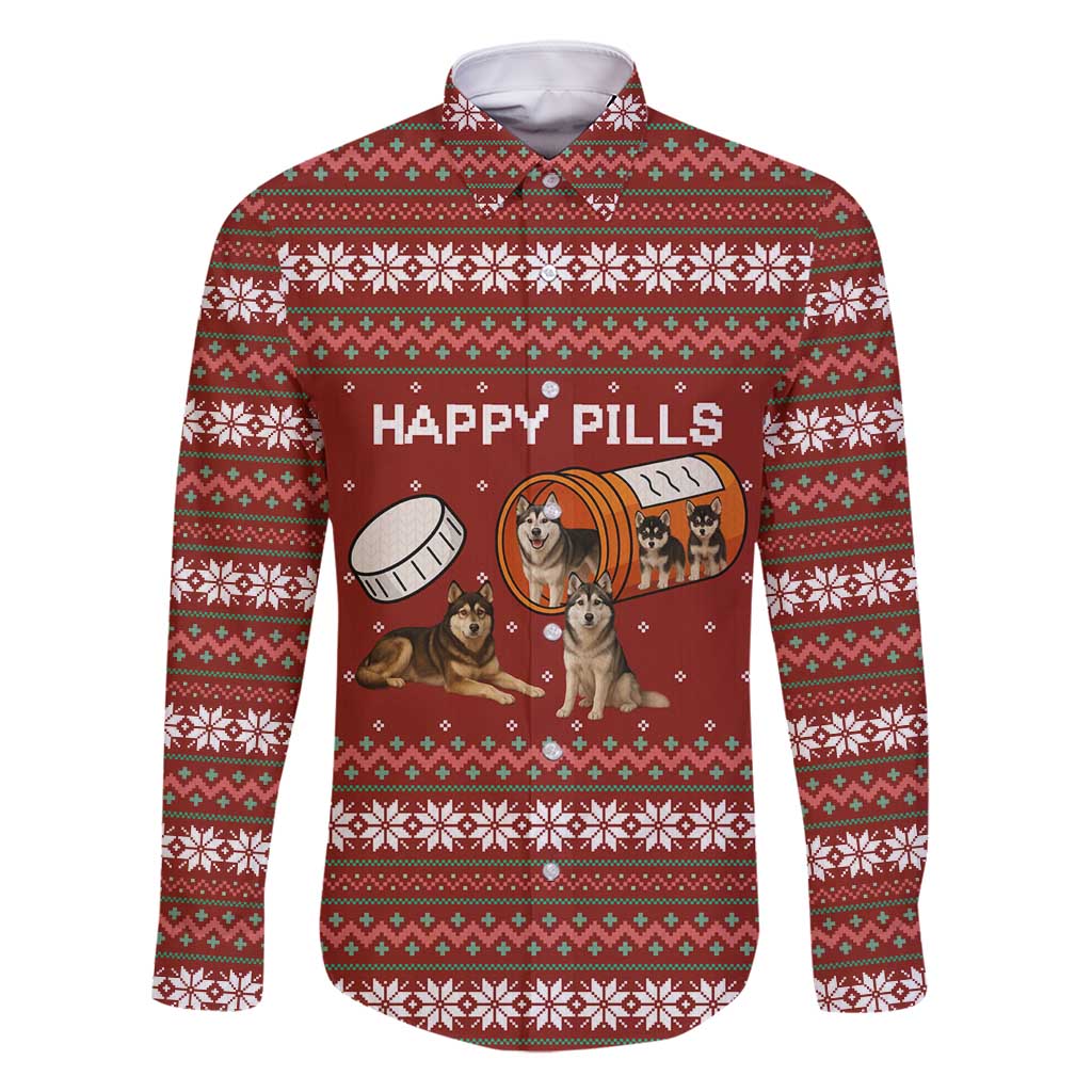 Merry Christmas Siberian Husky Dog Happy Pills Family Matching Off Shoulder Maxi Dress and Hawaiian Shirt Husky Dogs in Pill Bottle and Red Snowflake - Wonder Print Shop
