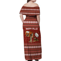 Merry Christmas Siberian Husky Dog Happy Pills Family Matching Off Shoulder Maxi Dress and Hawaiian Shirt Husky Dogs in Pill Bottle and Red Snowflake - Wonder Print Shop