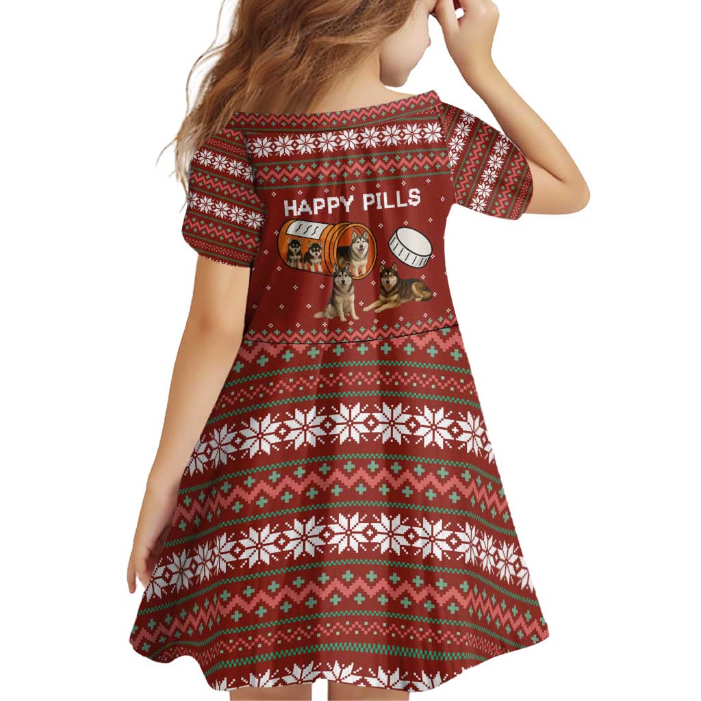 Merry Christmas Siberian Husky Dog Happy Pills Family Matching Off Shoulder Short Dress and Hawaiian Shirt Husky Dogs in Pill Bottle and Red Snowflake - Wonder Print Shop