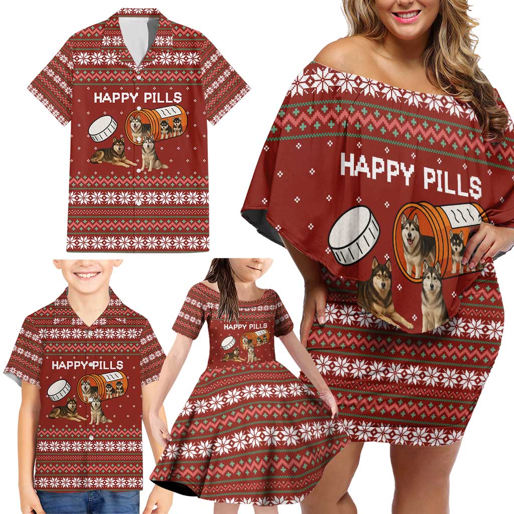 Merry Christmas Siberian Husky Dog Happy Pills Family Matching Off Shoulder Short Dress and Hawaiian Shirt Husky Dogs in Pill Bottle and Red Snowflake - Wonder Print Shop