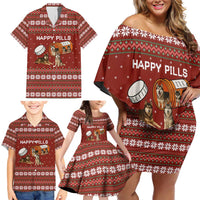 Merry Christmas Siberian Husky Dog Happy Pills Family Matching Off Shoulder Short Dress and Hawaiian Shirt Husky Dogs in Pill Bottle and Red Snowflake - Wonder Print Shop