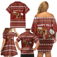 Merry Christmas Siberian Husky Dog Happy Pills Family Matching Off Shoulder Short Dress and Hawaiian Shirt Husky Dogs in Pill Bottle and Red Snowflake - Wonder Print Shop