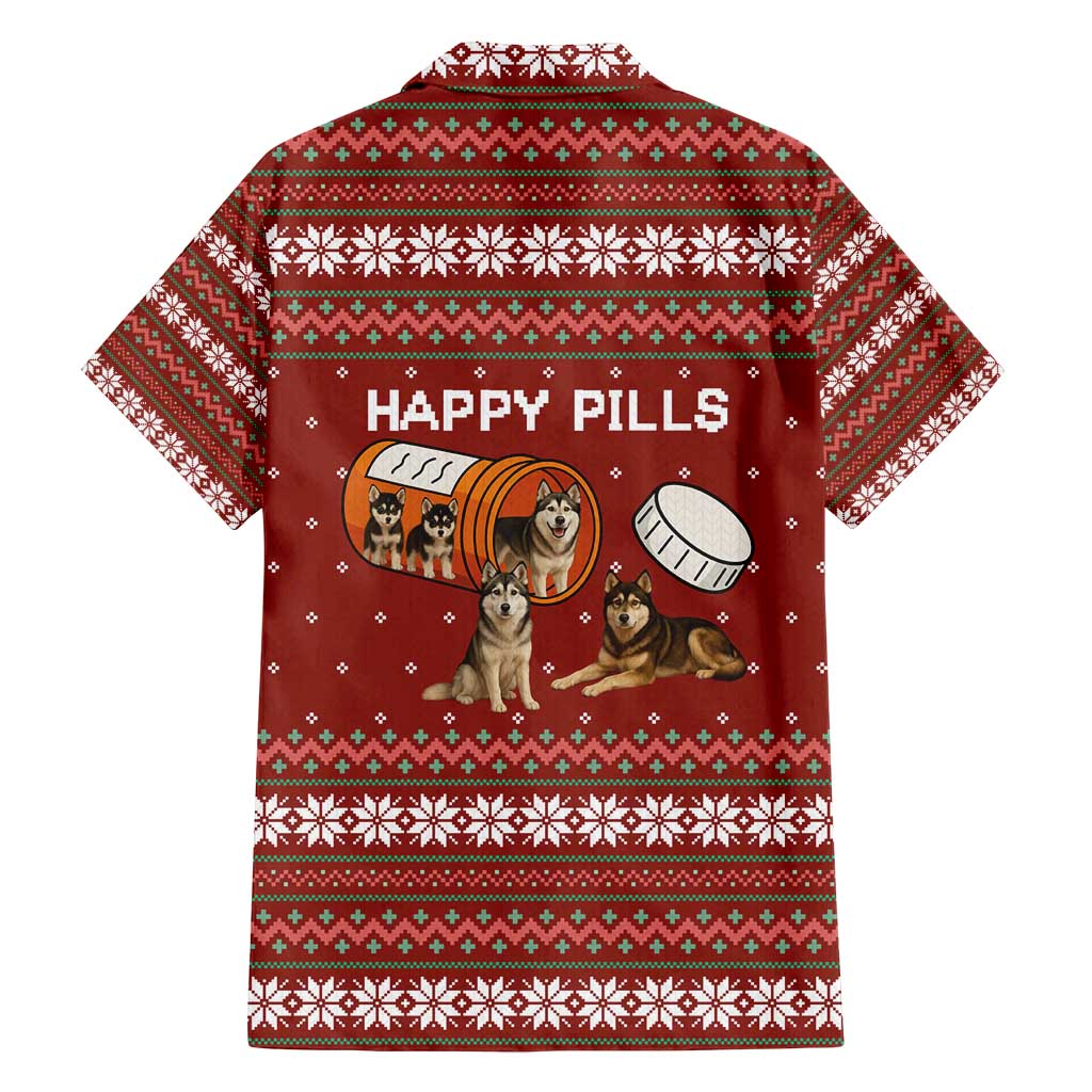 Merry Christmas Siberian Husky Dog Happy Pills Family Matching Off Shoulder Short Dress and Hawaiian Shirt Husky Dogs in Pill Bottle and Red Snowflake - Wonder Print Shop