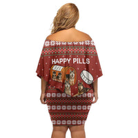 Merry Christmas Siberian Husky Dog Happy Pills Family Matching Off Shoulder Short Dress and Hawaiian Shirt Husky Dogs in Pill Bottle and Red Snowflake - Wonder Print Shop