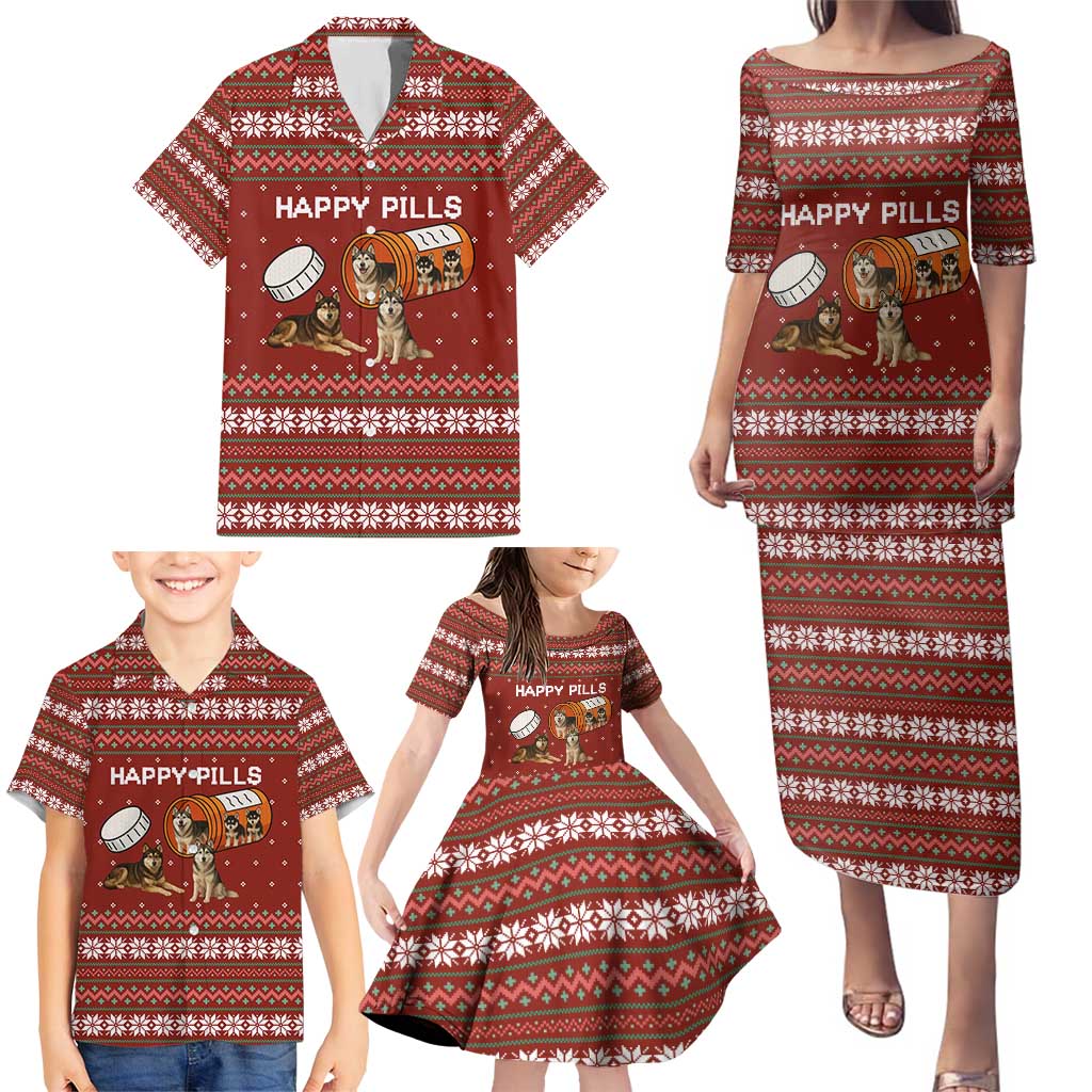 Merry Christmas Siberian Husky Dog Happy Pills Family Matching Puletasi and Hawaiian Shirt Husky Dogs in Pill Bottle and Red Snowflake - Wonder Print Shop
