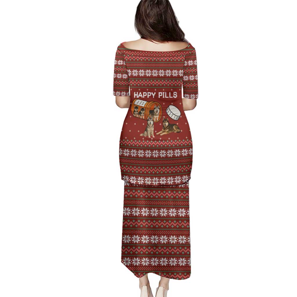 Merry Christmas Siberian Husky Dog Happy Pills Family Matching Puletasi and Hawaiian Shirt Husky Dogs in Pill Bottle and Red Snowflake - Wonder Print Shop