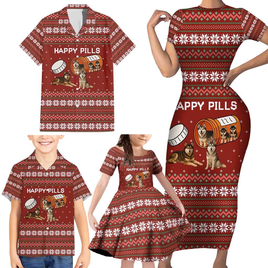 Merry Christmas Siberian Husky Dog Happy Pills Family Matching Short Sleeve Bodycon Dress and Hawaiian Shirt Husky Dogs in Pill Bottle and Red Snowflake - Wonder Print Shop