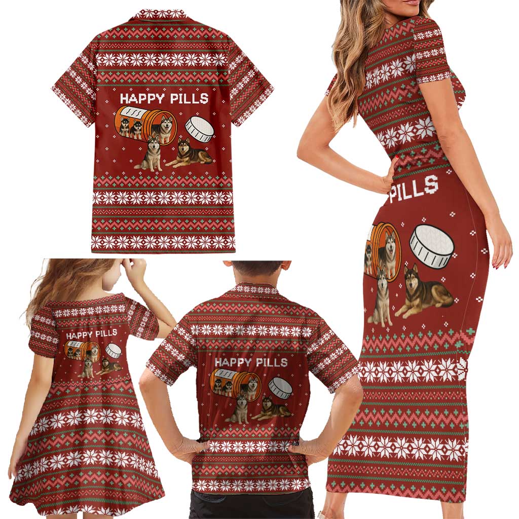 Merry Christmas Siberian Husky Dog Happy Pills Family Matching Short Sleeve Bodycon Dress and Hawaiian Shirt Husky Dogs in Pill Bottle and Red Snowflake - Wonder Print Shop