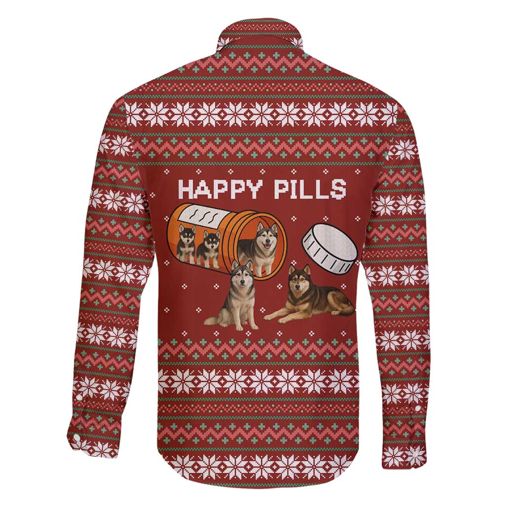 Merry Christmas Siberian Husky Dog Happy Pills Family Matching Short Sleeve Bodycon Dress and Hawaiian Shirt Husky Dogs in Pill Bottle and Red Snowflake - Wonder Print Shop