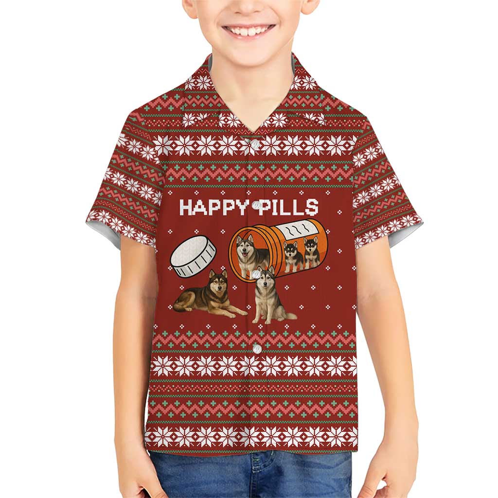 Merry Christmas Siberian Husky Dog Happy Pills Family Matching Short Sleeve Bodycon Dress and Hawaiian Shirt Husky Dogs in Pill Bottle and Red Snowflake - Wonder Print Shop