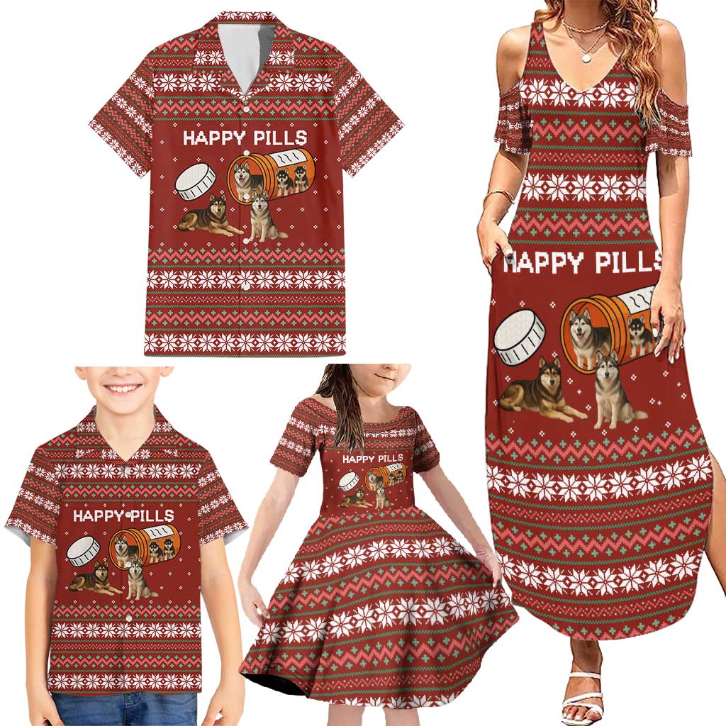 Merry Christmas Siberian Husky Dog Happy Pills Family Matching Summer Maxi Dress and Hawaiian Shirt Husky Dogs in Pill Bottle and Red Snowflake - Wonder Print Shop