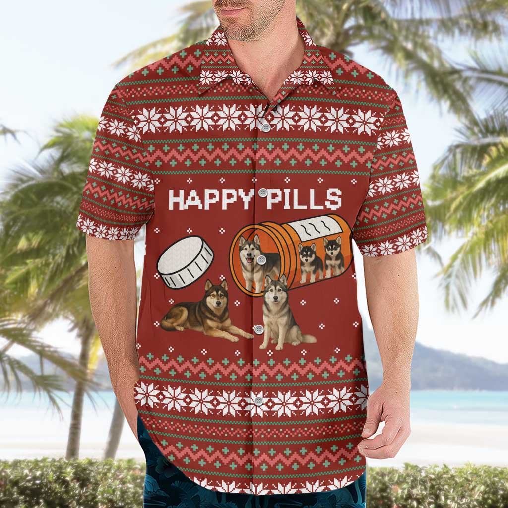 Merry Christmas Siberian Husky Dog Happy Pills Hawaiian Shirt Husky Dogs in Pill Bottle and Red Snowflake - Wonder Print Shop