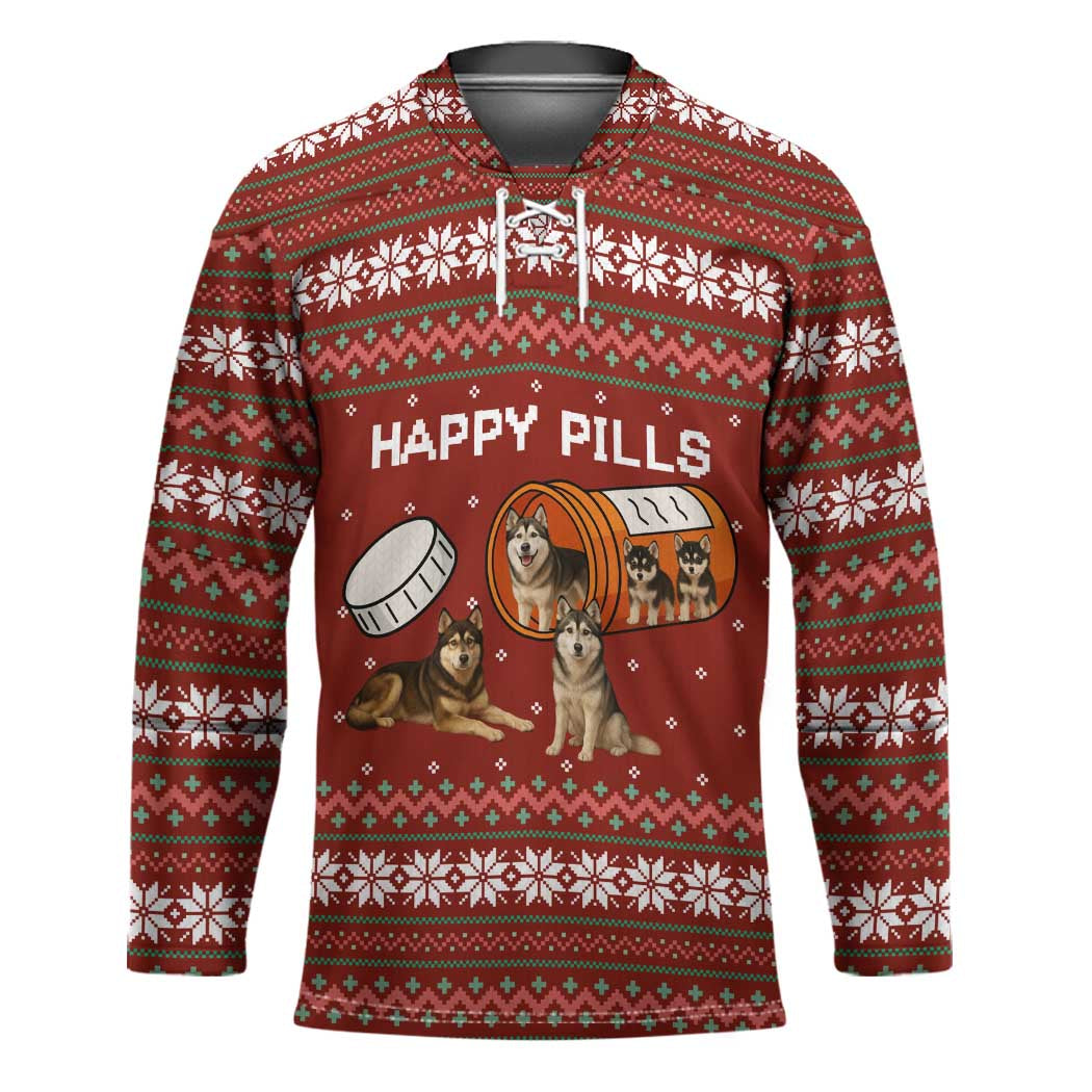 Merry Christmas Siberian Husky Dog Happy Pills Hockey Jersey Husky Dogs in Pill Bottle and Red Snowflake - Wonder Print Shop
